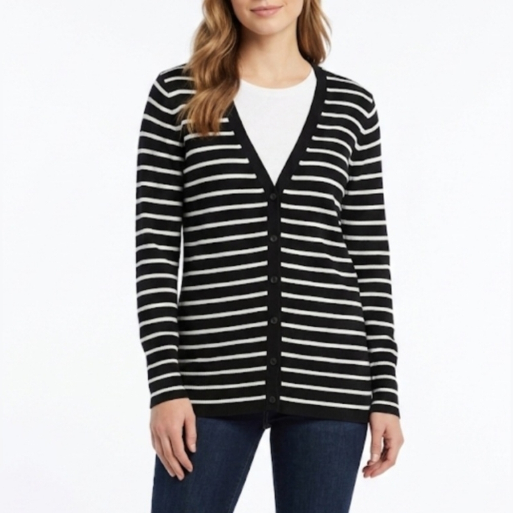 🪻Jacob Black & White Striped V-Neck Button-Front Cardigan🪻size: L